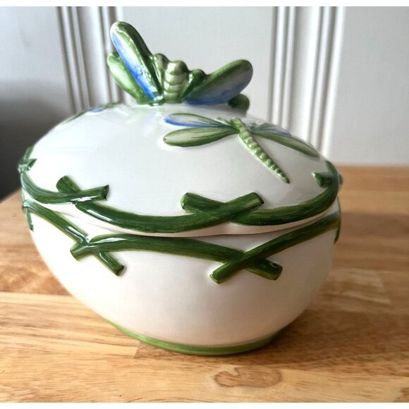 Ceramic Dragonfly-Themed Trinket Box With Lid Mariposa Hand Painted Italy - Picture 5 of 9